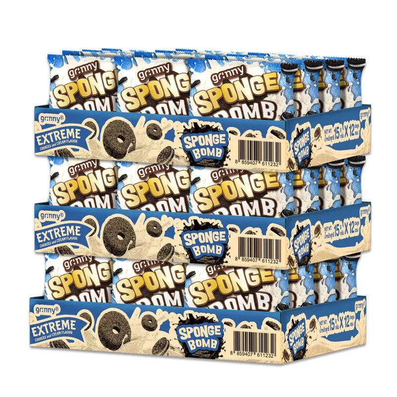 Grinny Sponge Bomb Snack Extreme Cookies and Cream flavor, 15g x 3 packs, dry snack confectionery in colorful packaging.