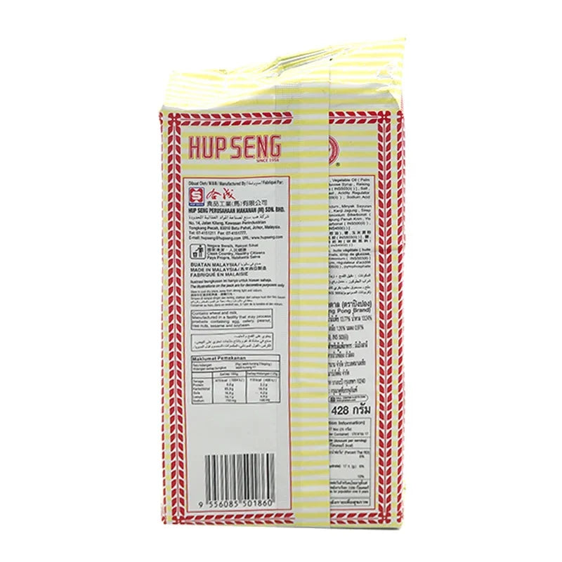 HUP Seng Sugar Cracker 428g box of sweet, crunchy snack biscuits for dry grocery and confectionery.