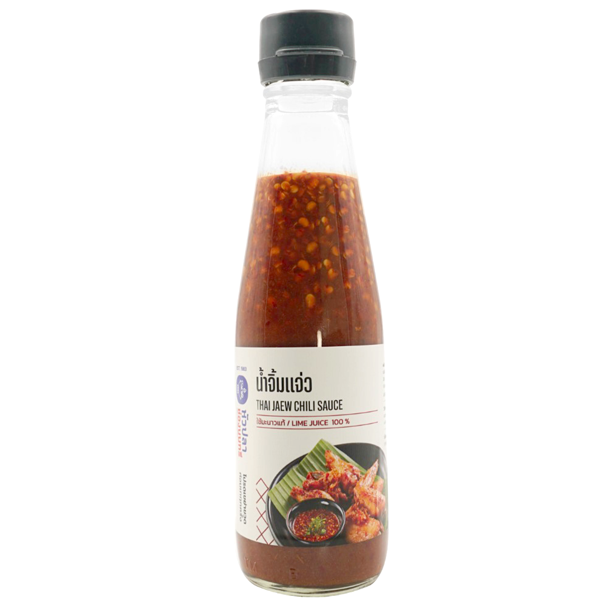 Bottle of Tid Too Thai Jaew Chili Sauce, a grocery item, with red chili sauce and label visible.