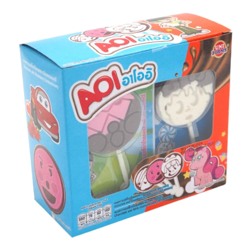 AOI chocolate with strawberry and milk confectionery, 12g, showing the colorful wrapped dry grocery snack.