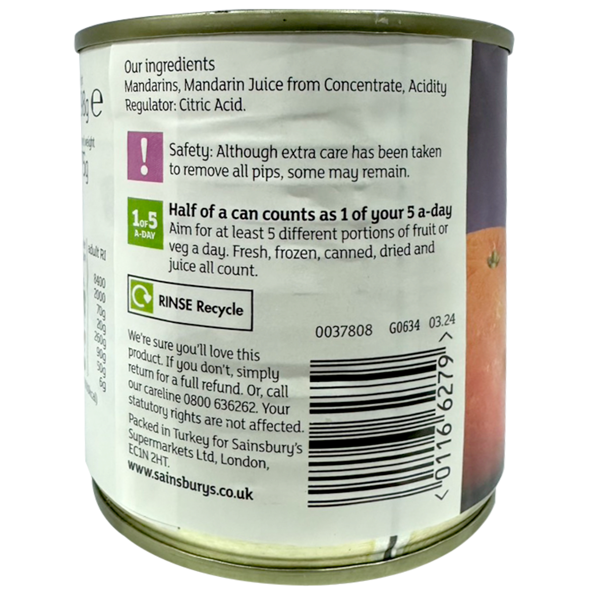 Sainsbury's mandarin segments in fruit juice, canned grocery product with bright orange mandarins in clear liquid