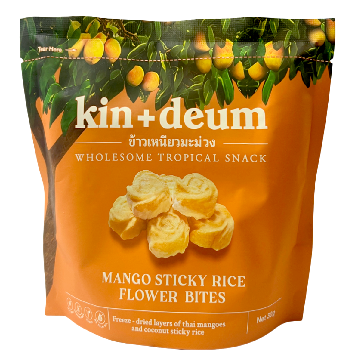 Kin Deum Thai mango sticky rice flower bites, confectionery snacks with vibrant yellow mango and white sticky rice textures.