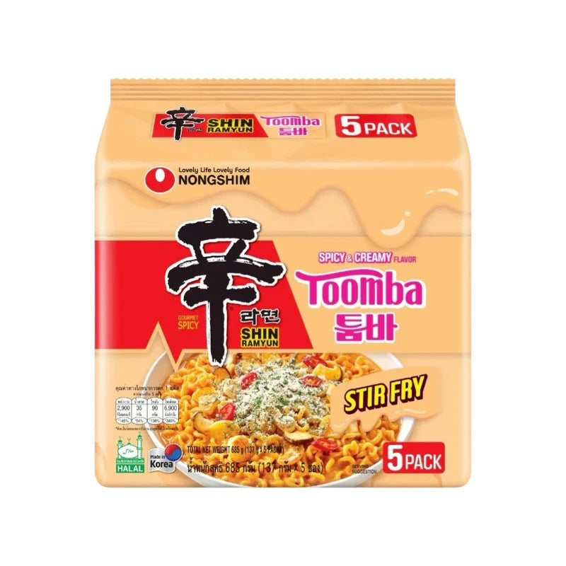 Nongshim Toomba Shin Ramyun stir-fry dry grocery package with colorful noodles and vegetables on the front.