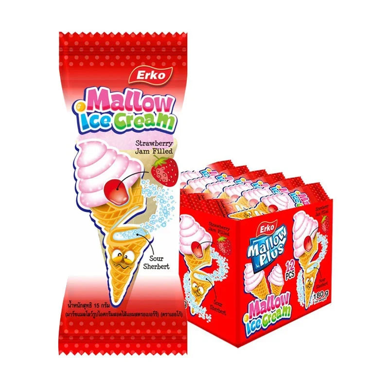 Urko Mellow ICE Cream Strawberry snack pack, 15g x12, dry grocery confectionery with strawberry flavor and colorful packaging.