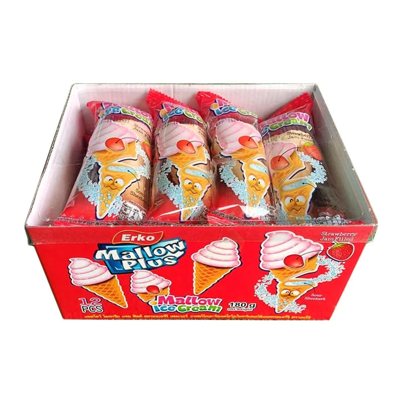 Urko Erko Mellow ICE Cream Strawberry snack pack, 15g x12, displaying colorful strawberry-flavored confections in a clear wrapper.