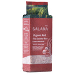 Salana Organic Red Thai Jasmine Rice 1kg bag with long, fragrant grains ready for cooking in a dry grocery setting.