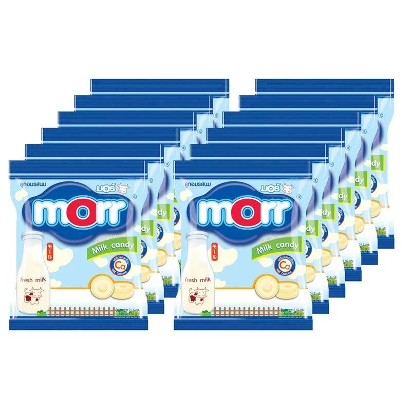 MORR Calcium Added Milk Candy 18.9g, a dry grocery snack featuring creamy milk flavor in colorful wrapped candies.