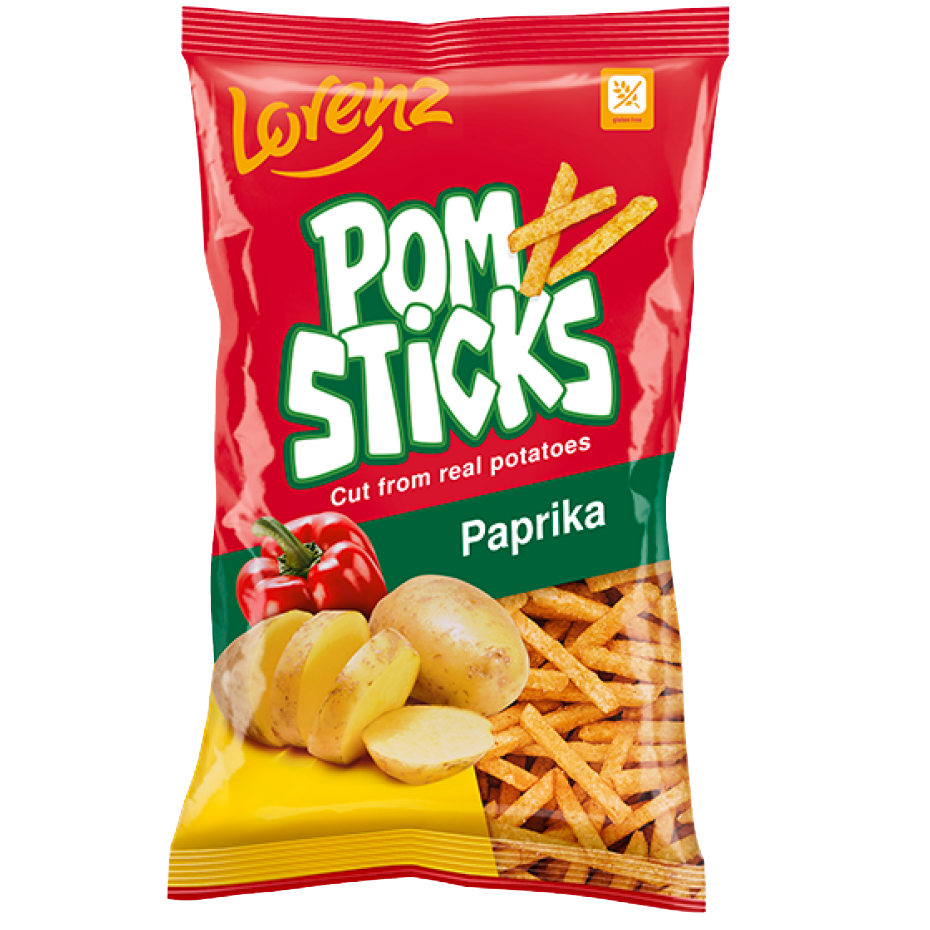 Lorenz Pomsticks Paprika, spicy confectionery snack in bright red packaging, showcasing crunchy snack sticks flavored with paprika.