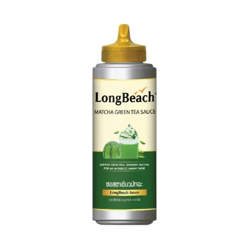 LongBeach Matcha Green Tea Sauce in 350ml bottle, vibrant green color, used for culinary dishes and flavoring in dry grocery.