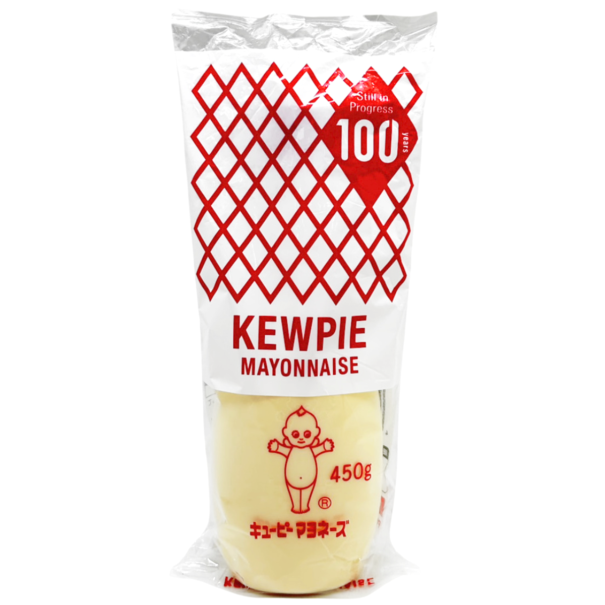 Kewpie Mayonnaise jar with creamy texture and distinctive label, shown on a grocery store shelf.