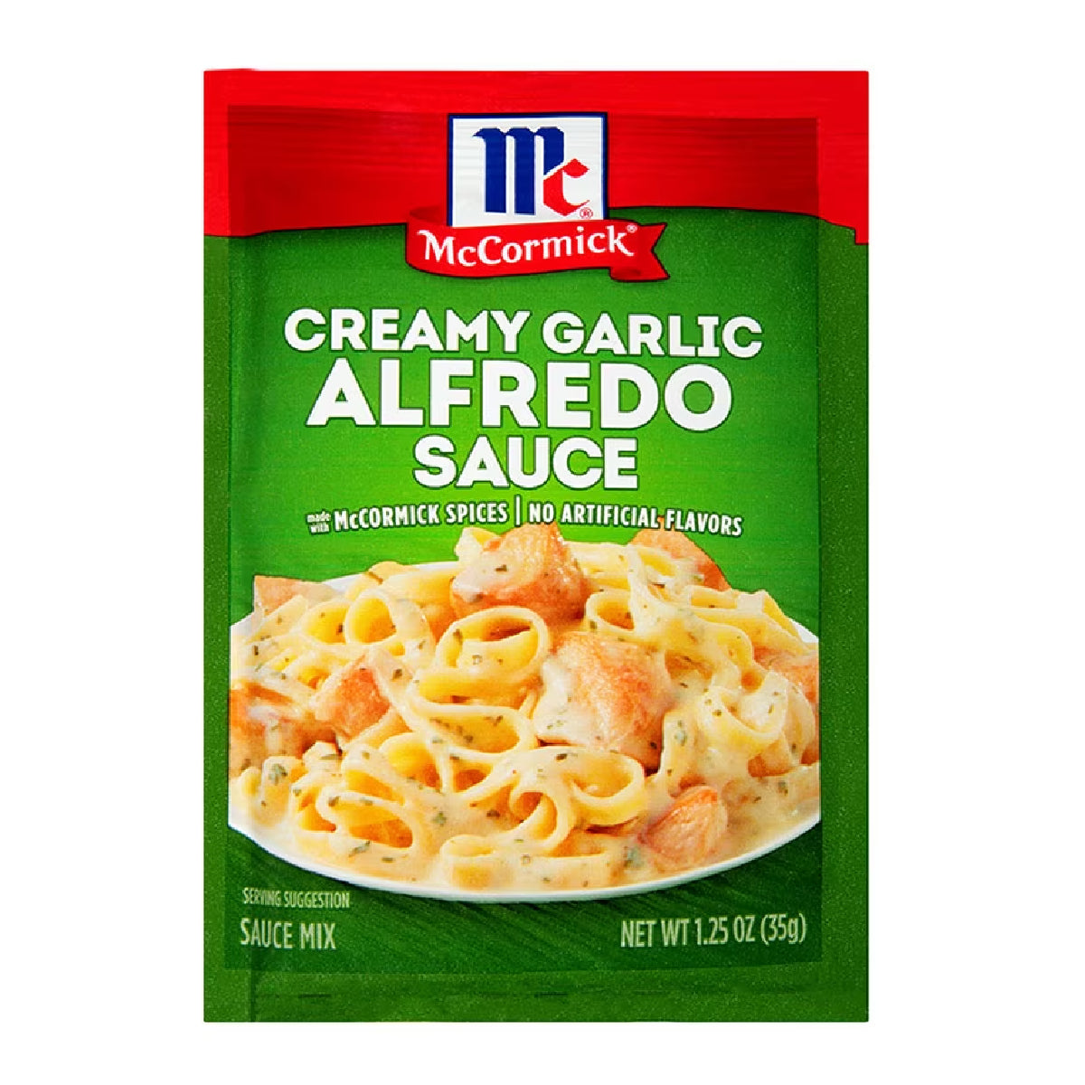 Jar of McCormick Alfredo Pasta Sauce with a label featuring the brand name and creamy white sauce visible.