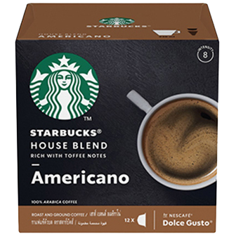 Starbucks Americano House Blend medium roast coffee drink in a clear glass, showcasing its rich color and smooth texture