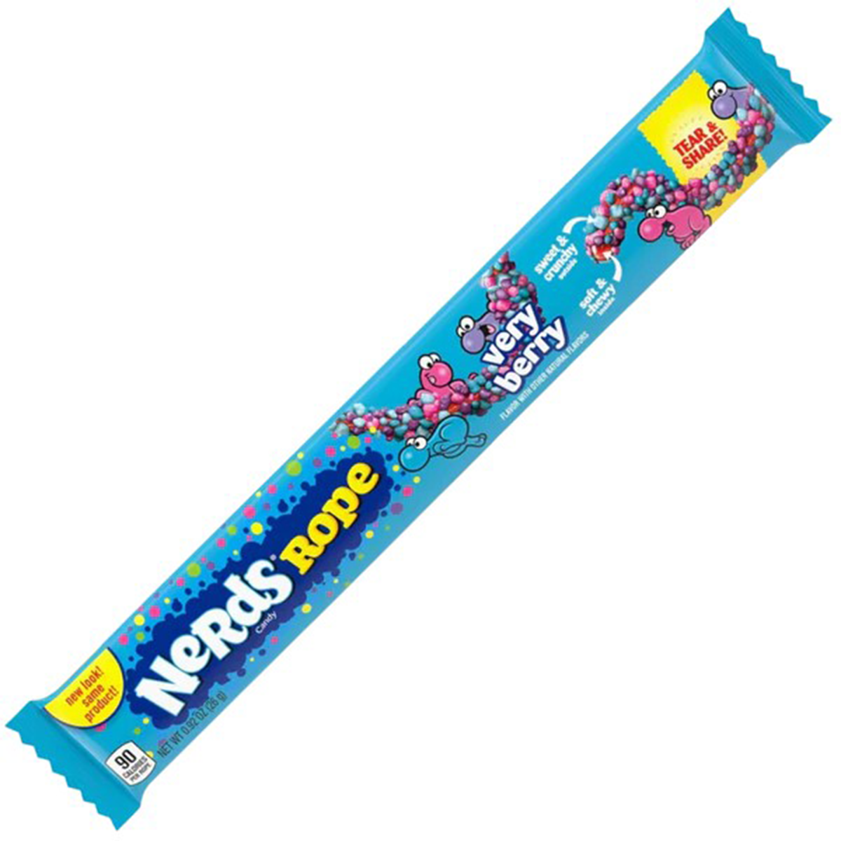 Nerds Rope Very Berry confectionery snack featuring a colorful, twisted candy rope covered in berry-flavored Nerds candies.