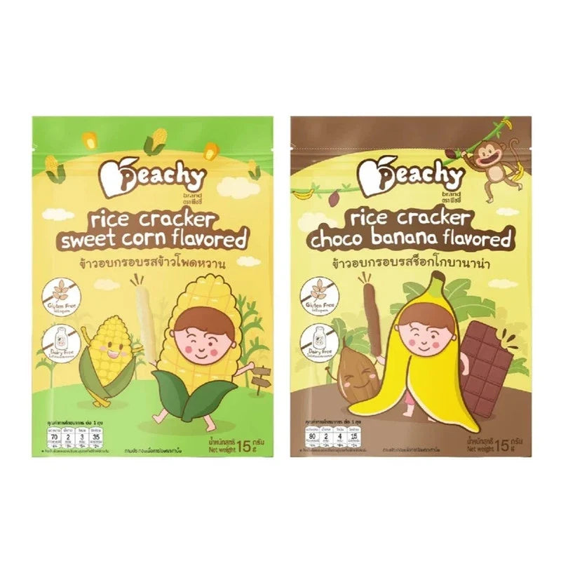 PEACHY Peachy Chocolate Banana Rice Crisps and Sweet Corn flavored snack in a clear bowl, showing crispy, colorful snack pieces.