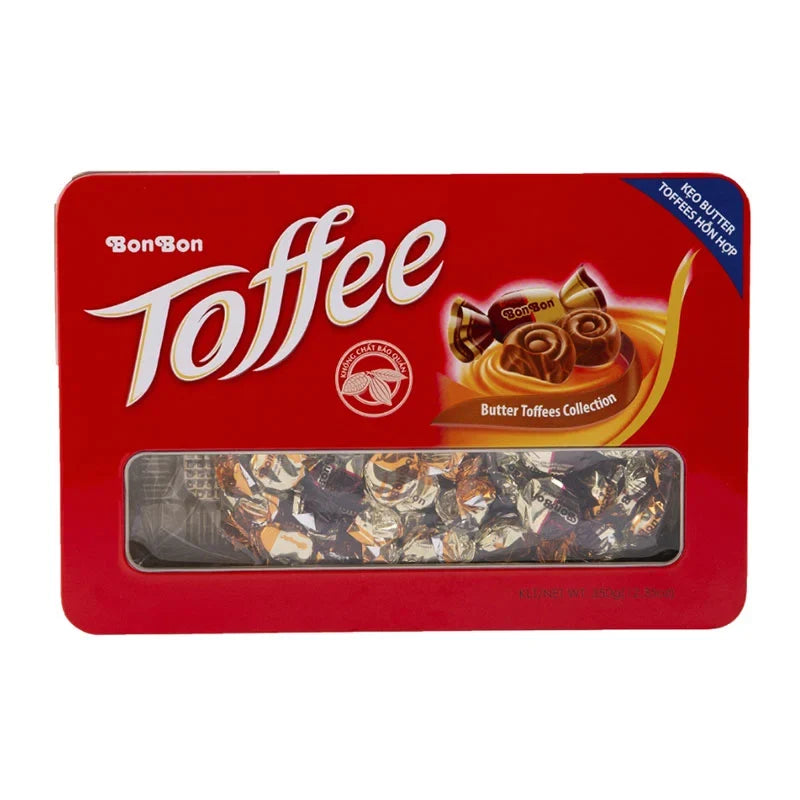 Bonbon Toffee Caramel Coffee 350g dry grocery package featuring golden caramel toffees and coffee-flavored candies in a clear bag.