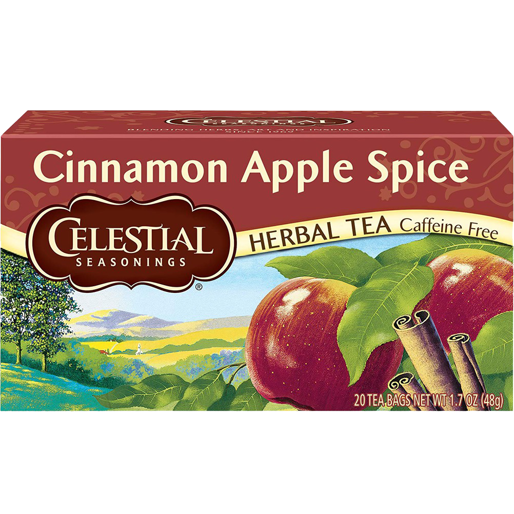 Celestial Seasonings Cinnamon Apple Spice herbal tea in a tea cup, featuring cinnamon sticks and apple slices on the packaging.