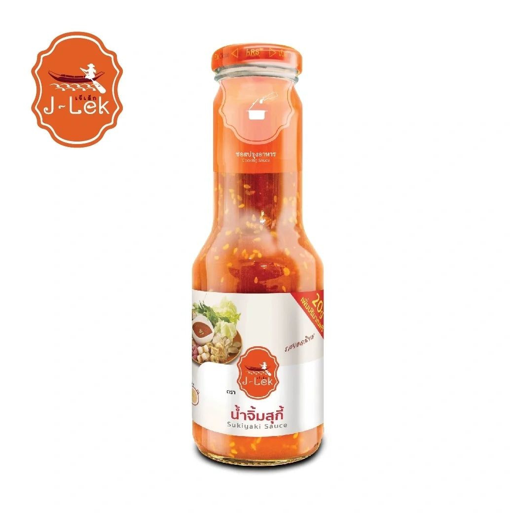 J-lek Suki Sauce in a 350g glass bottle, Japanese-style dry grocery condiment with rich flavor, on a white background