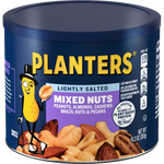 Planters Lightly Salted Mixed Nuts in a bowl, showing a variety of salted nuts from the confectionery snack brand.