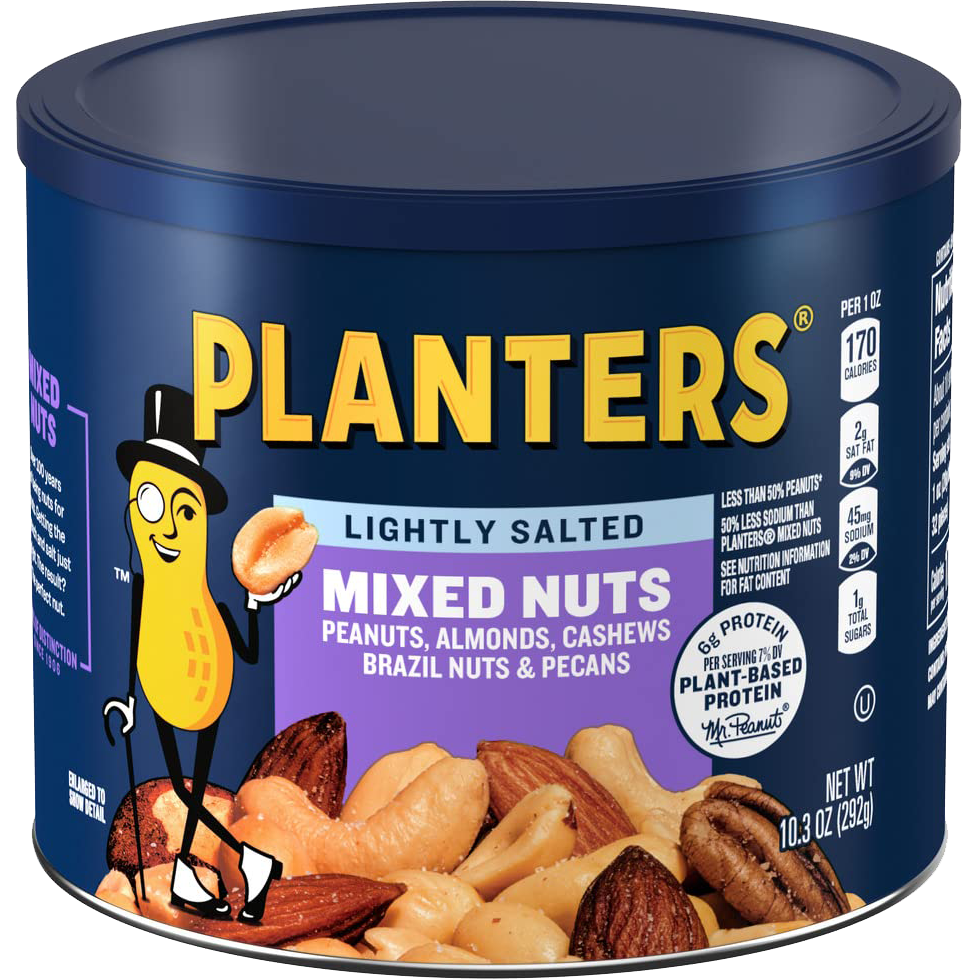 Planters Lightly Salted Mixed Nuts in a bowl, showing a variety of salted nuts from the confectionery snack brand.