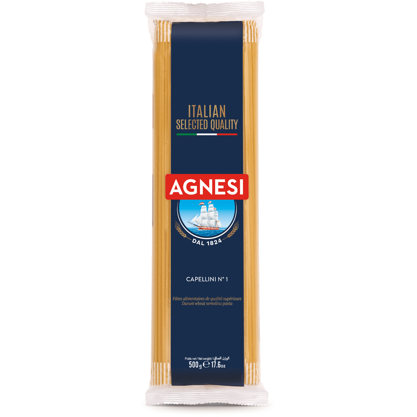 Agnesi Capellini No.1 Italian pasta in a clear package, showcasing thin, long spaghetti noodles from Agnesi brand.