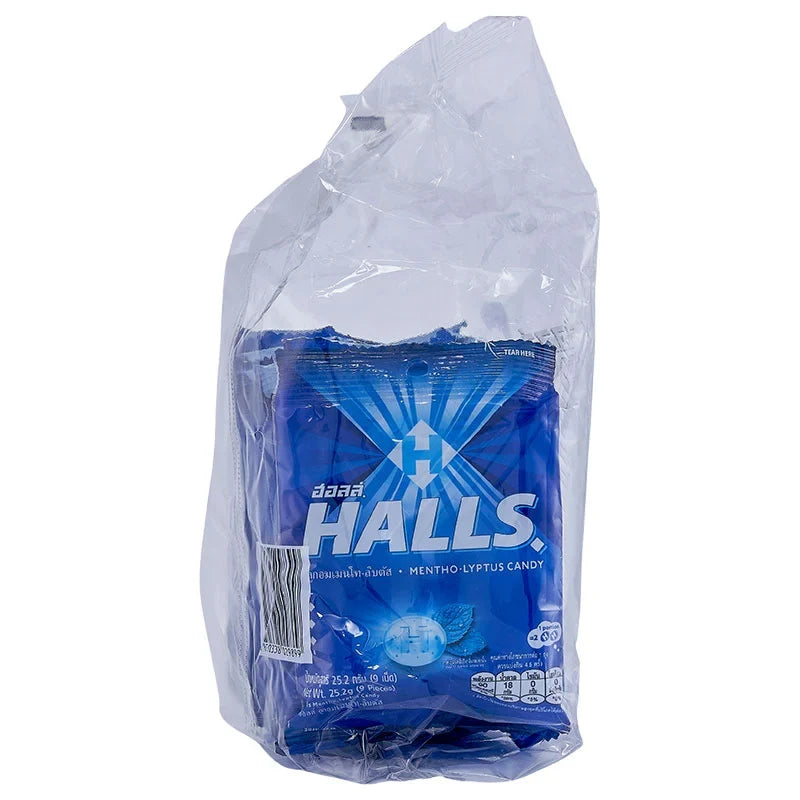 Halls Mentho-Lyptus lozenges in a clear plastic bag, featuring the Halls brand logo and displaying the menthol and eucalyptus flavor.