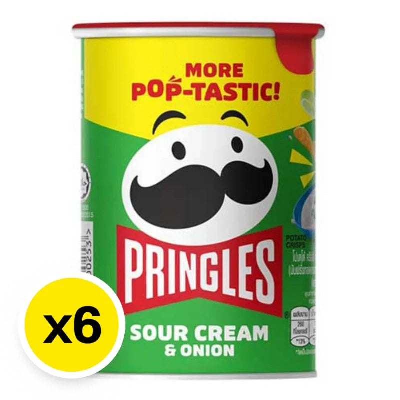 Pringles Sour Cream & Onion potato chips in 42g pack, stacked with multiple snack packs visible, showcasing snack packaging.
