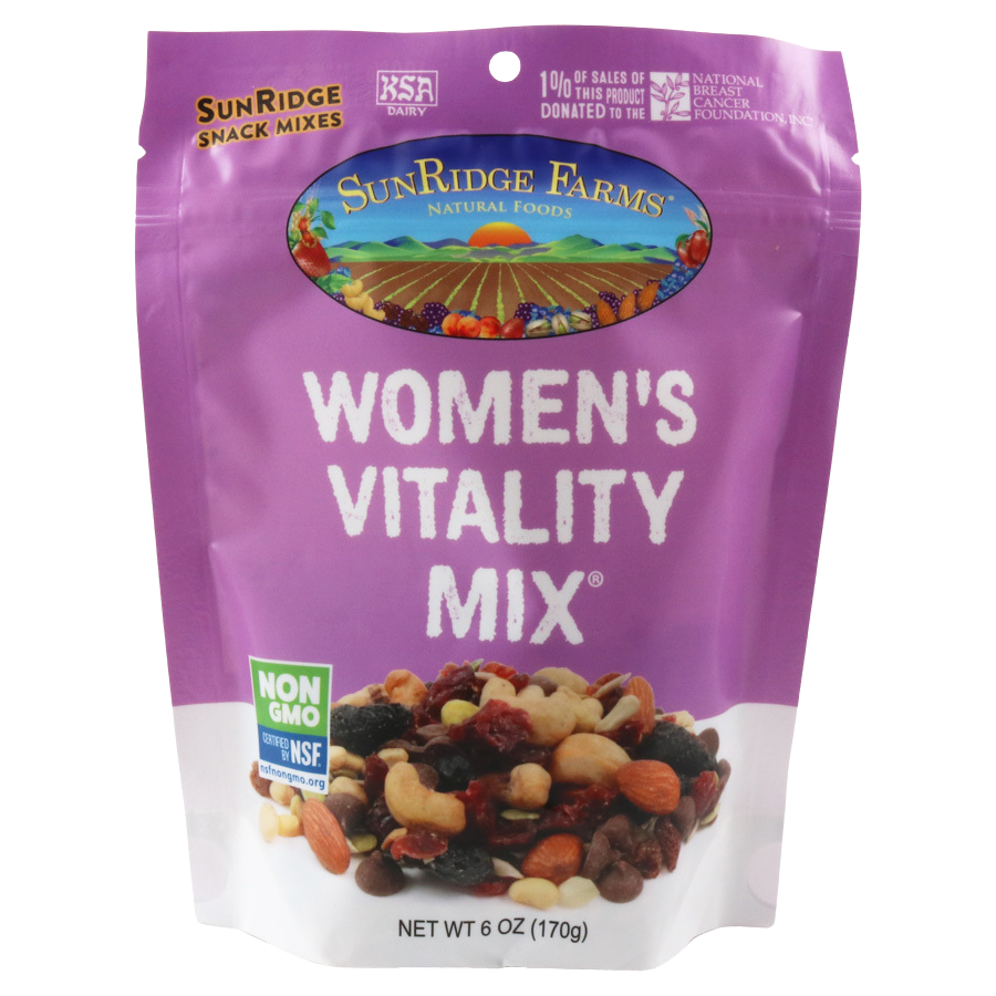 Sunridge Farms Natural Women's Vitality Mix, a colorful confectionery snack with nuts, dried fruits, and seeds in a clear bowl.