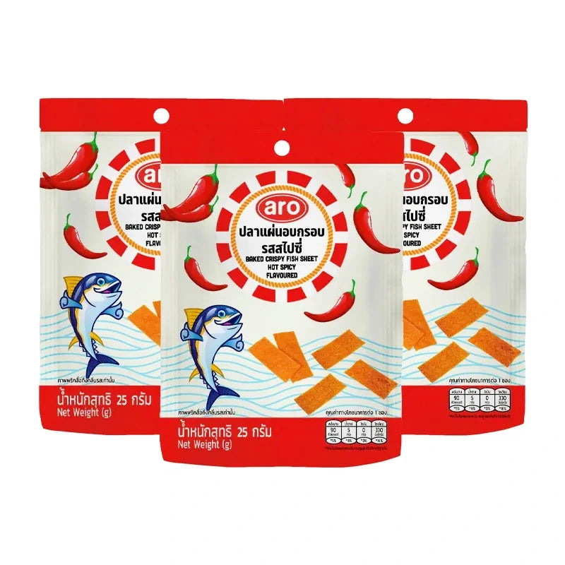 ARO Baked Crispy Fish Sheet Hot Spicy Flavor snack, 25g x 3 packs, dry grocery crunchy seafood snack with spicy seasoning.