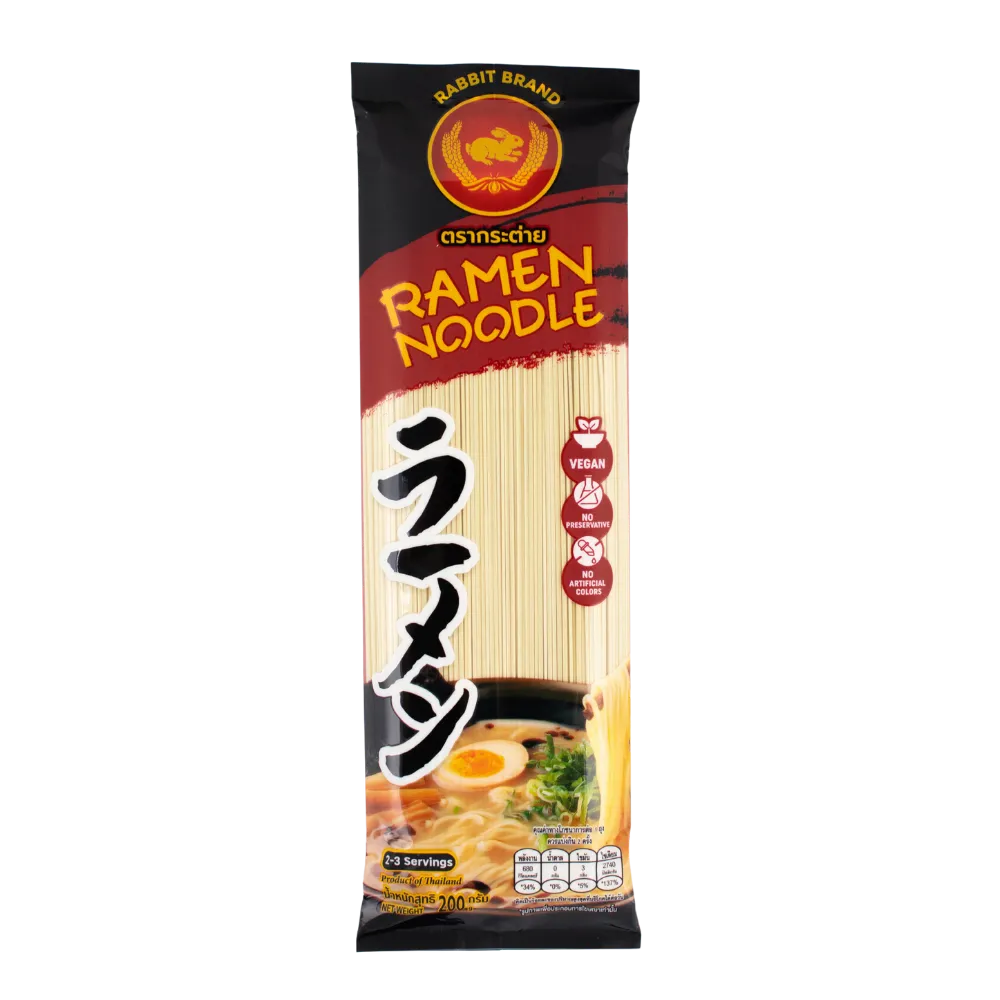 Rabbit Brand Ramen Noodles 200g dry grocery package with uncooked ramen noodles in clear plastic packaging.