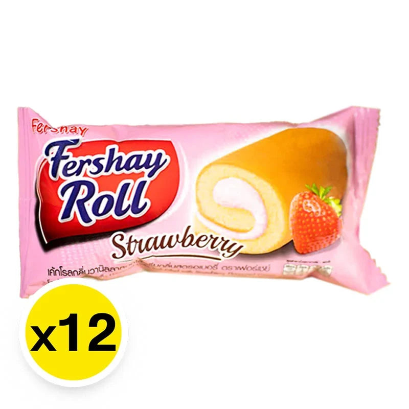 Fershay Cake Roll Strawberry snack, 20g x12 packs, dry grocery confectionery with strawberry flavor and cake roll shape.