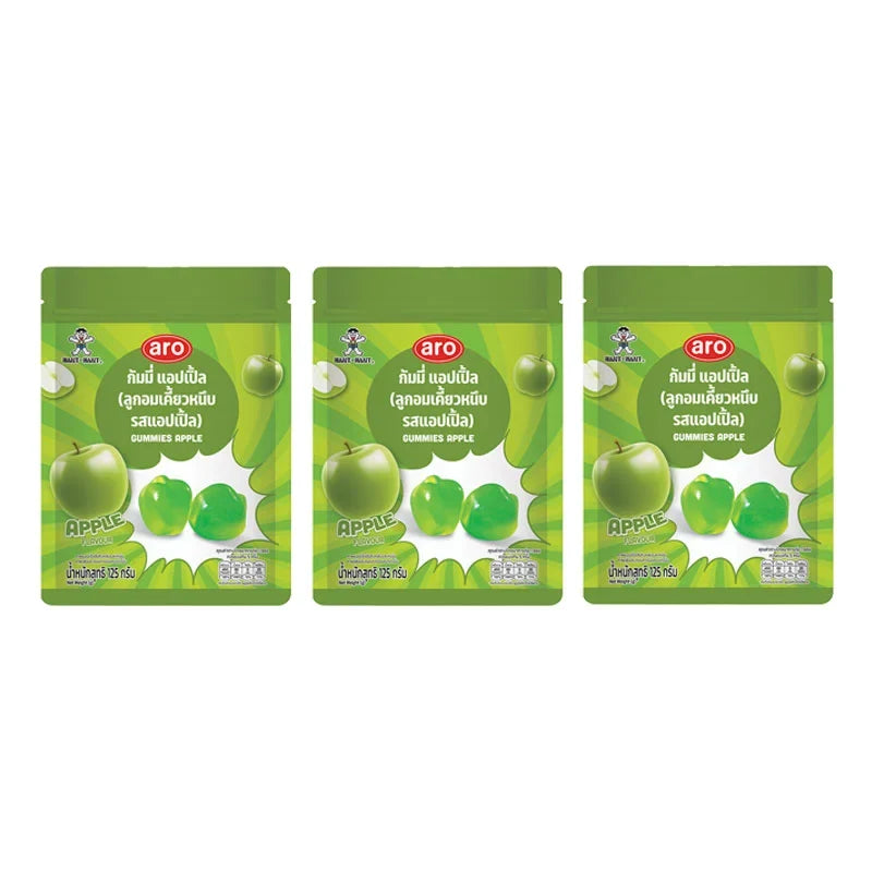 ARO Gummy Apple 125g snack pack, colorful gummy candies from ARO in a clear bag, perfect for sweet tooth cravings.