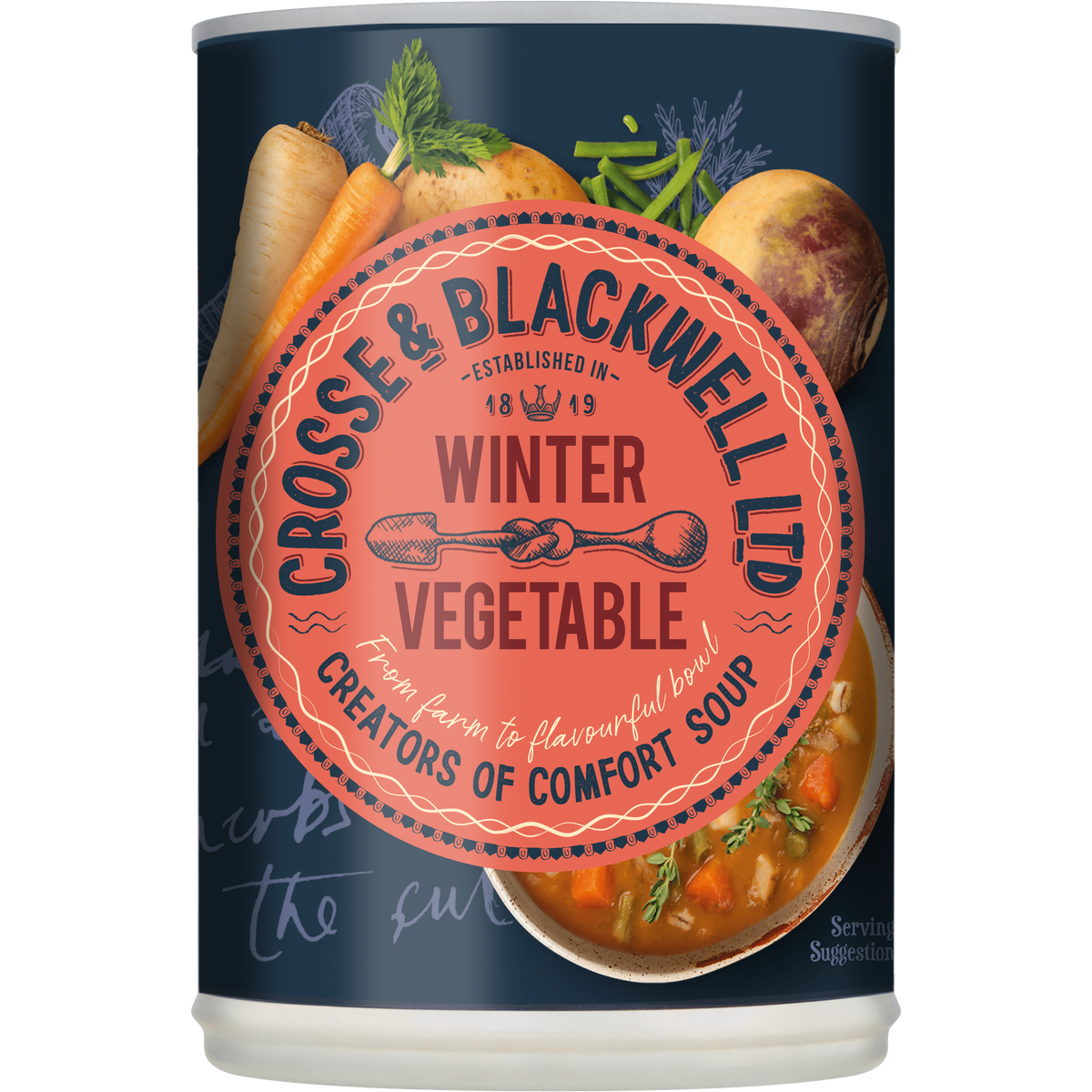 Crosse & Blackwell Winter Vegetable Soup in a bowl, showcasing a hearty mix of vegetables and clear broth.