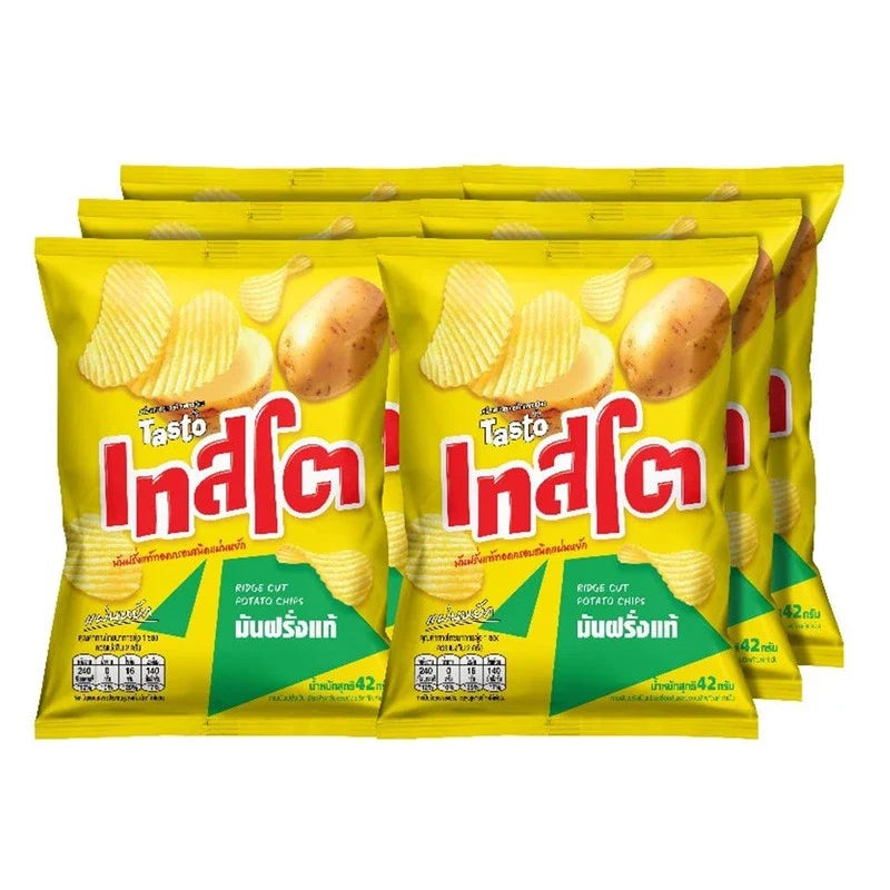 Tasto Wavy Crispy Potato Chips 42g snack bag, wavy texture, golden crispy chips, part of dry grocery snack selection