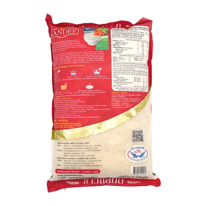 Sandee Rice Jasmine Thin Siam 100% dry rice in a 5kg bag, showcasing the white, long-grain jasmine rice from the SANDEE RICE brand.