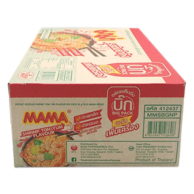 Mama Big Pack Instant Noodle Shrimp Tom Yum 95g, dry grocery product with 24 packs of flavorful Thai-style shrimp noodle soup.