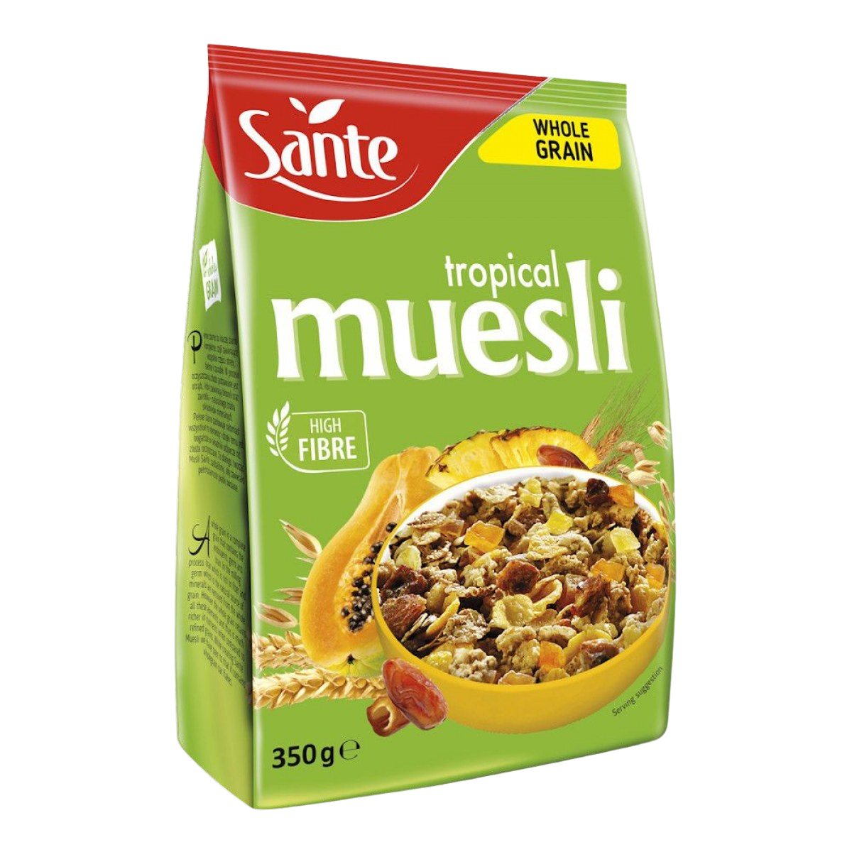 Sante Tropical Muesli in a bowl with dried fruits and nuts, showcasing the healthy, colorful breakfast cereal from the Sante brand.