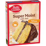 Betty Crocker Super Moist Butter Recipe Yellow Cake Mix box with a close-up of the packaging and product branding.