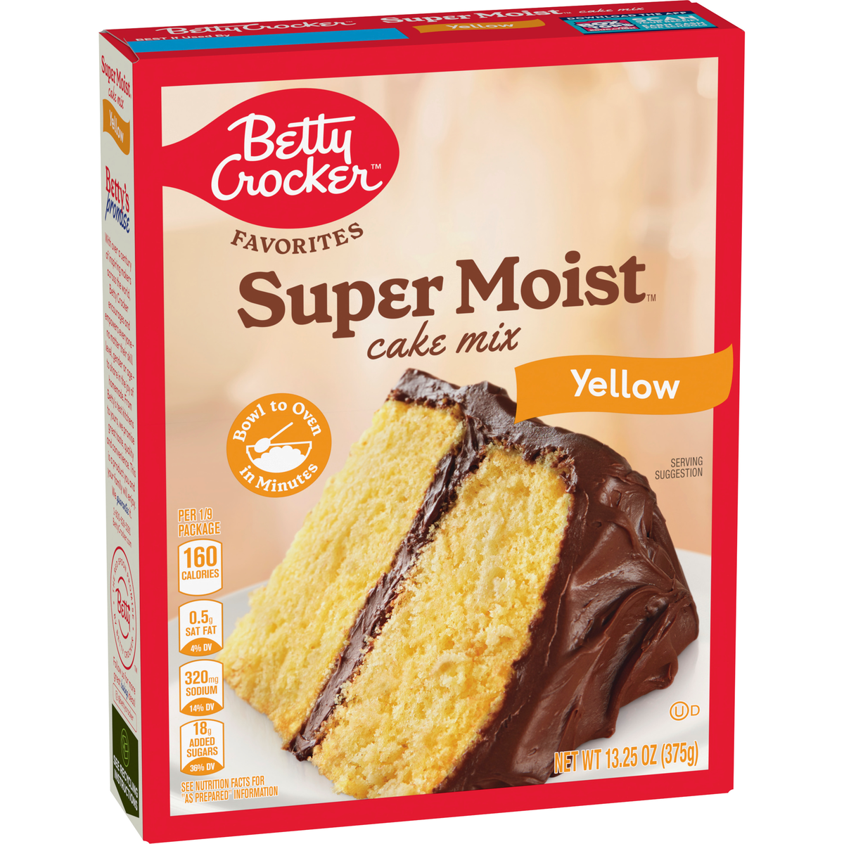 Betty Crocker Super Moist Butter Recipe Yellow Cake Mix box with a close-up of the packaging and product branding.