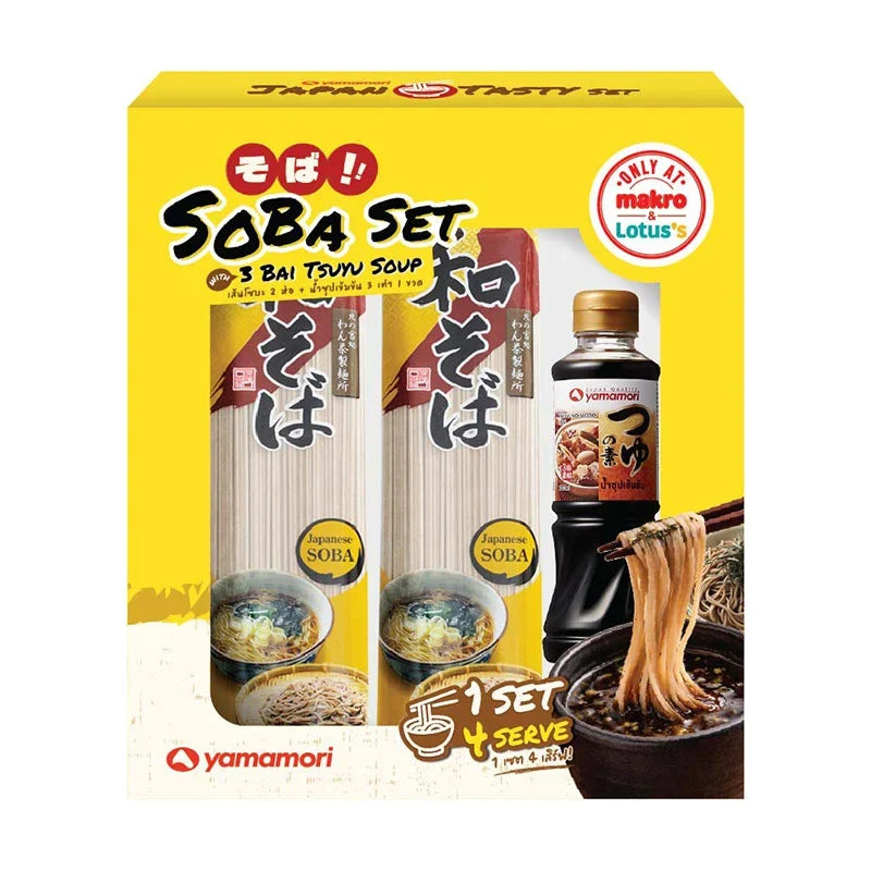Yamamori Set Soba Tsuyu Soup 400g, dry grocery product with three Japanese soba dipping sauce packets and soup ingredients.