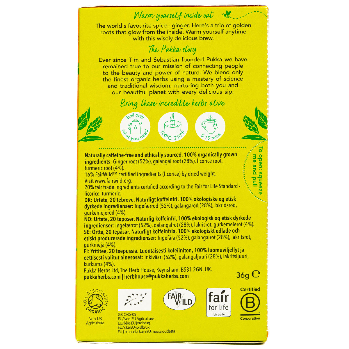 Pukka Three Ginger herbal tea bags in a box, caffeine-free healthy drink with 20 tea bags for soothing ginger flavor.