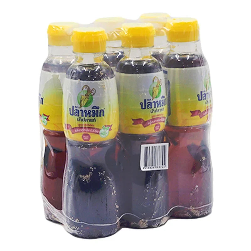 Six bottles of Squid Brand Fish Sauce Yellow 280ml, a popular dry grocery condiment with bright yellow packaging.