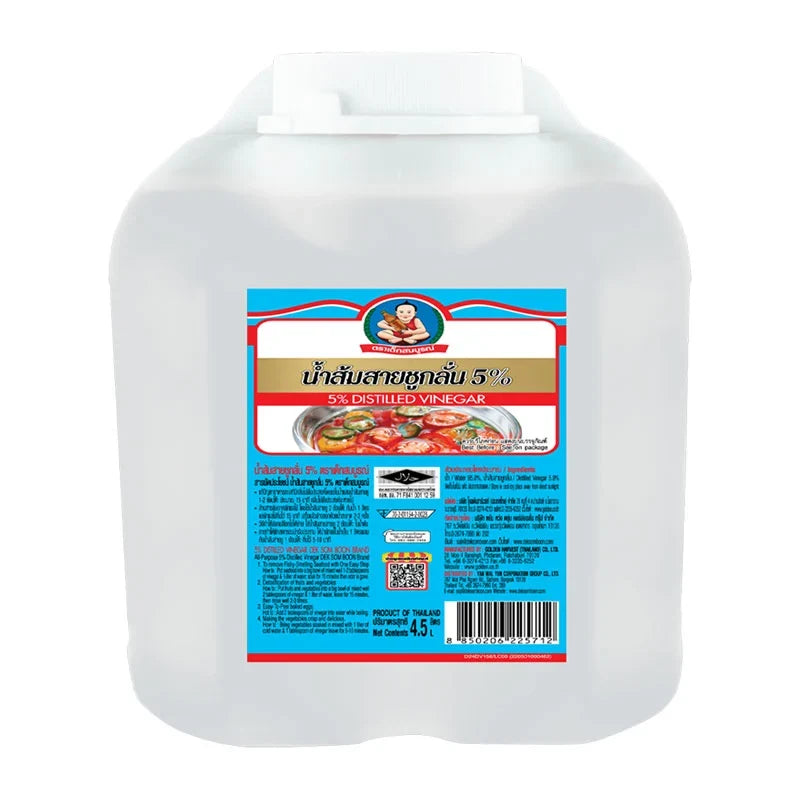 Deksomboon 5% distilled vinegar in a 4.5L bottle, used for cooking and cleaning, from the Deksomboon dry grocery brand.