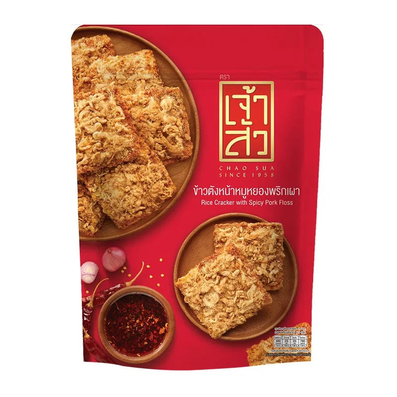 Chao SUA rice cracker with spicy pork floss, 80g, a crispy snack in dry grocery and confectionery category.