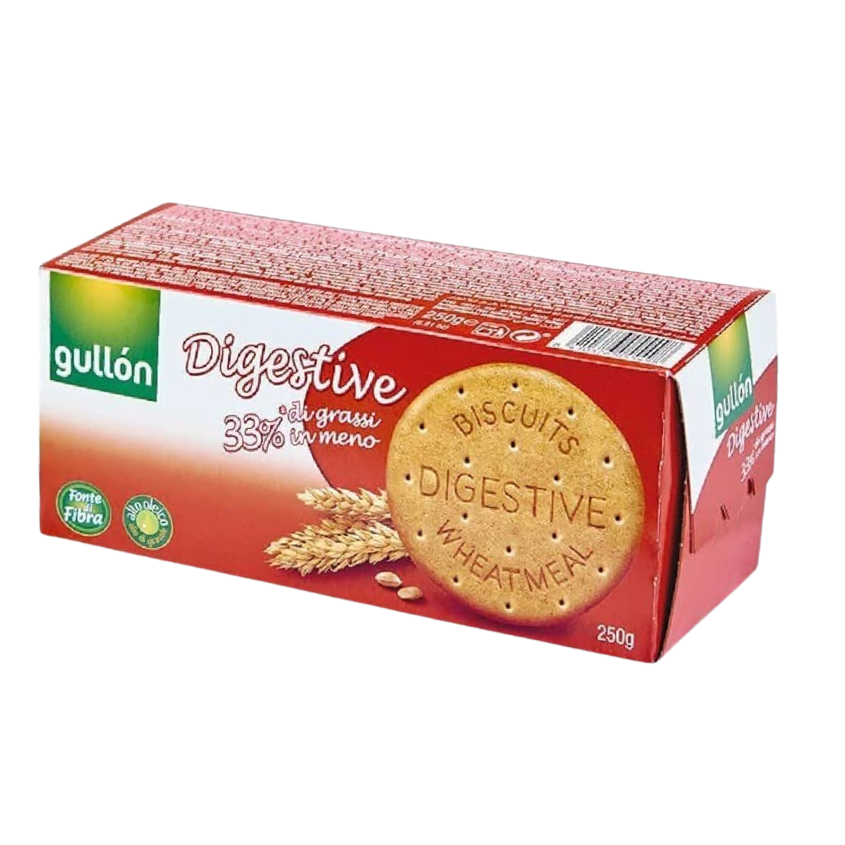 Gullon Digestive Biscuits in a package, showing golden-brown, round, crunchy confectionery snack biscuits from the brand Gullon.