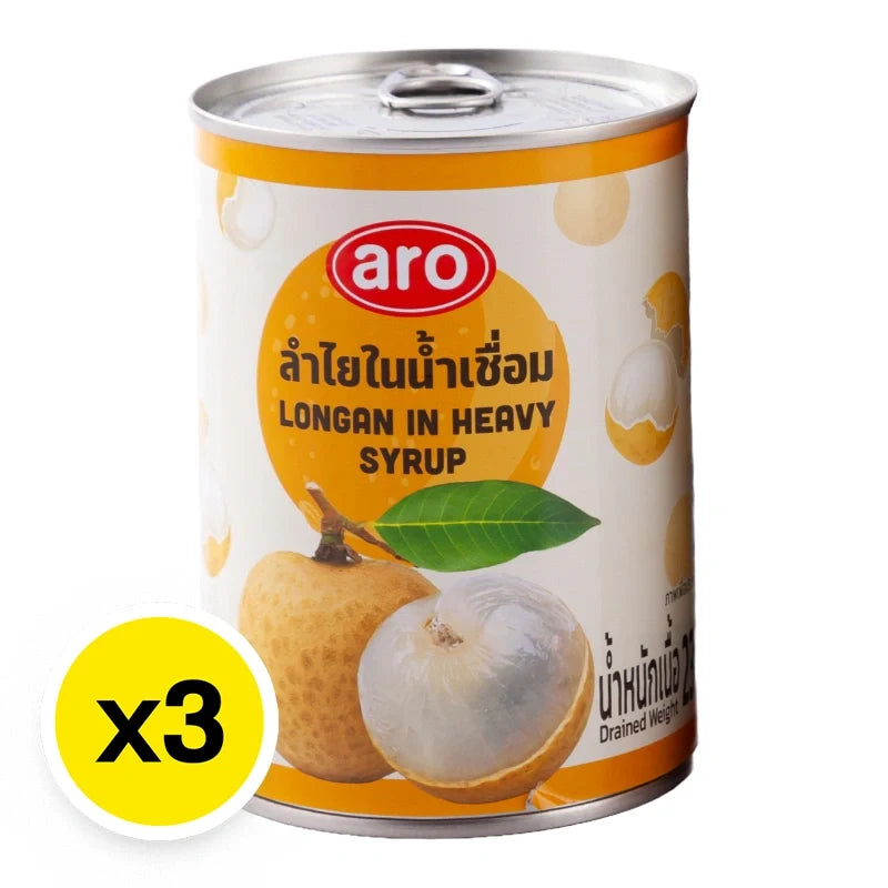Cans of ARO Longan in syrup, 565g each, from ARO dry grocery product line, showing peeled longan fruit in syrup.