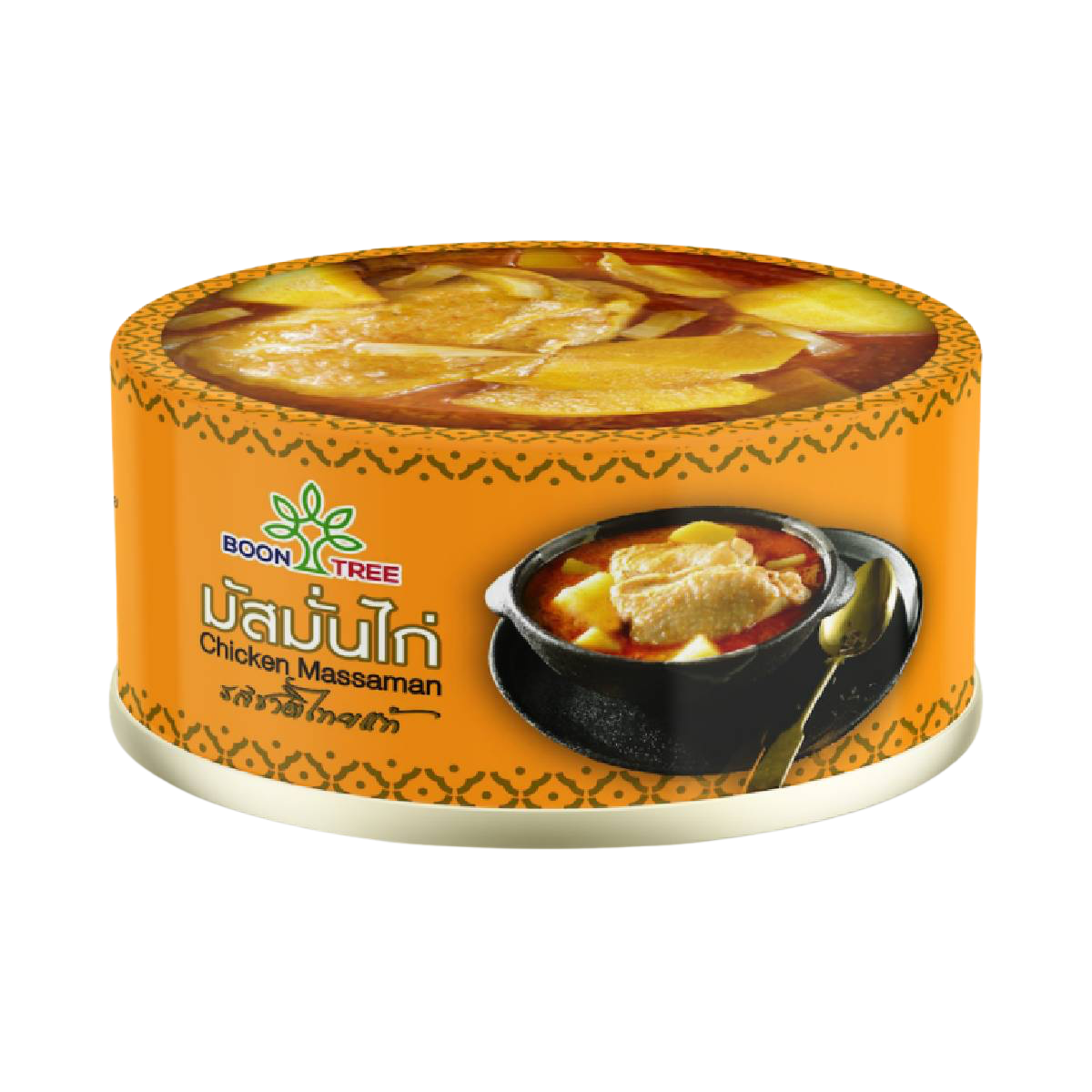 Boon Tree Chicken Massaman, grocery product with a bowl of rich Thai chicken curry featuring potatoes and spices.