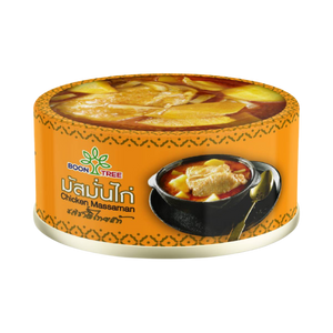 Boon Tree Chicken Massaman, grocery product with a bowl of rich Thai chicken curry featuring potatoes and spices.