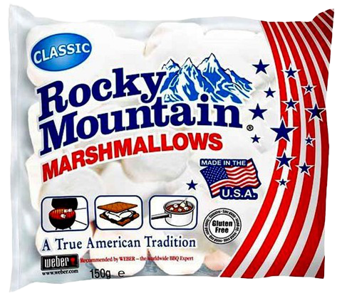Rocky Mountain Marshmallow Original confectionery snack with soft, fluffy marshmallows in a clear package.
