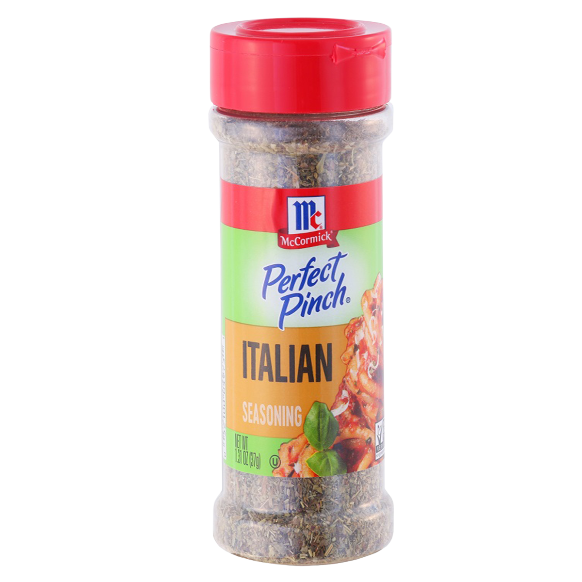 McCormick Perfect Pinch Italian Seasoning jar with label, featuring a blend of herbs and spices for cooking and seasoning.