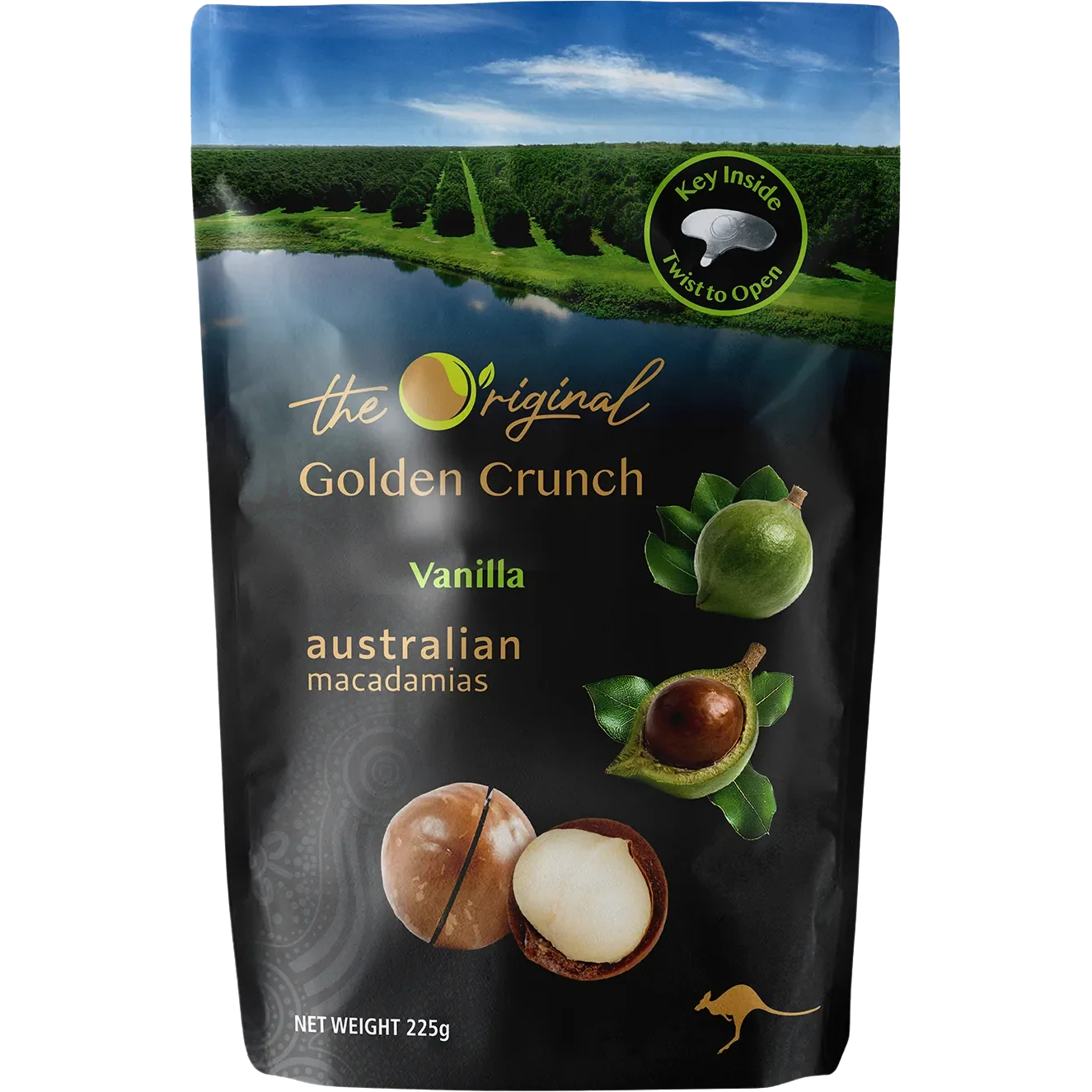 Golden crunch macadamias from The Original Vanilla Vanilla, a confectionery snack with a crispy, caramelized coating and nutty flavor.